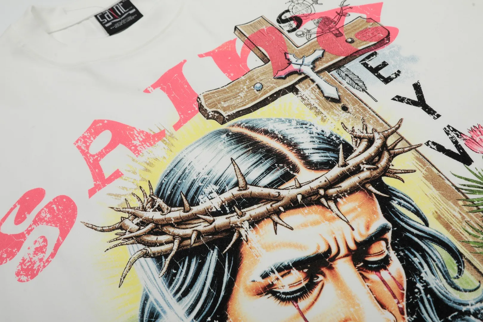 SAINT vintage American fashion special version one-piece short-sleeved T-shirt Wholesale price: 118 Size: M L XL Style number: 2149 Color: white